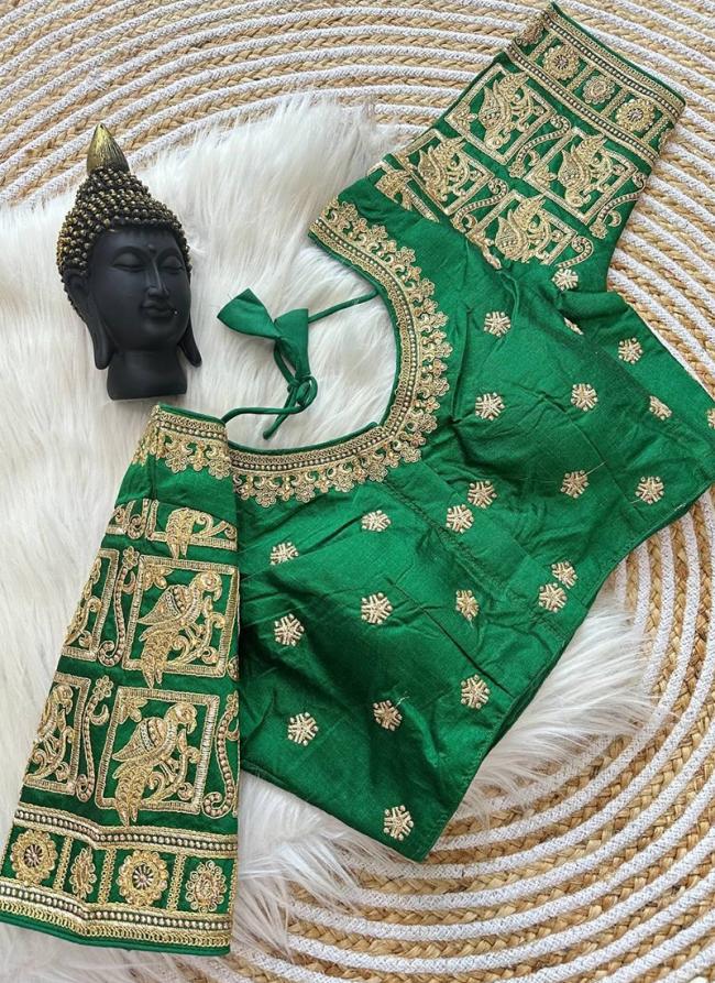 Pure Raw Silk Green Wedding Wear Embroidery Work Readymade Blouse